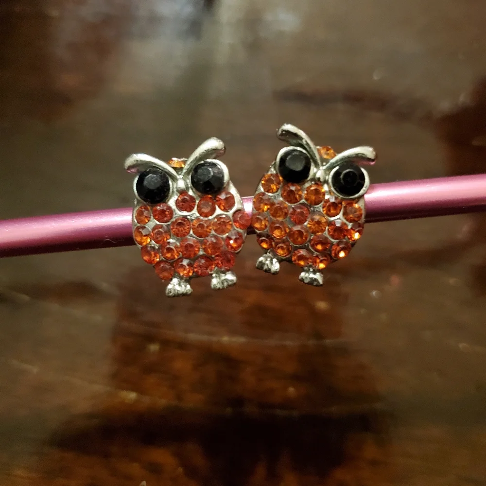 Red rhinestone gemstone bejeweled owl post earrings
